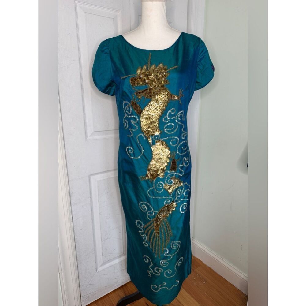 1980s/70s Teal Irredecent Silk Dress Gown with Giant Beaded Dragon Motif